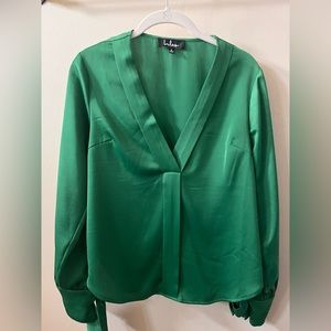 Lulus green satin v-neck long sleeve top.